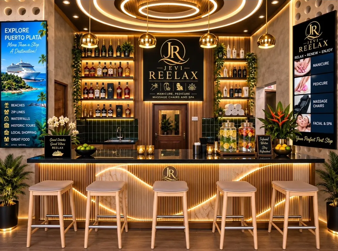 SiP & REELAX Bar counter with lit premium spirits and bar stools