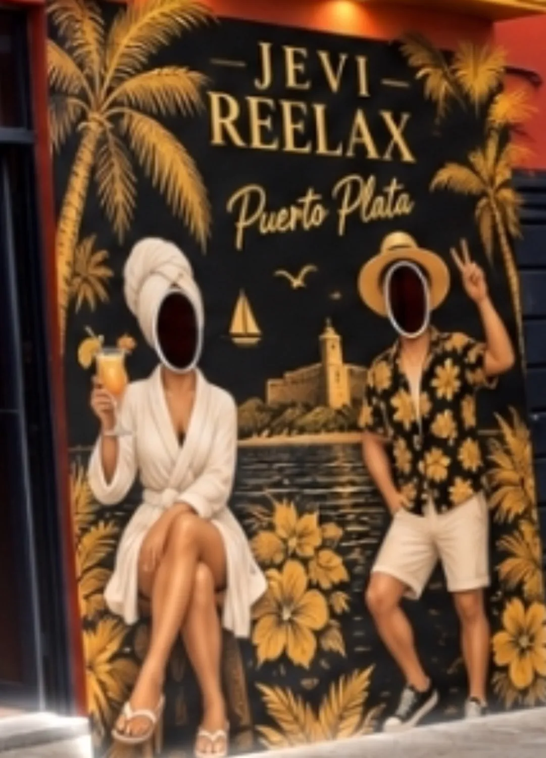 Jevi Reelax Puerto Plata photo wall with golden palms and face cut-outs